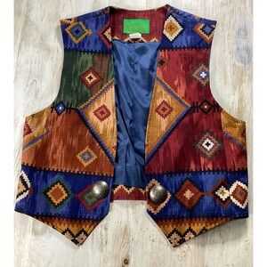 Wraps Vintage Southwestern Tapestry Vest Concho Buttons Geometric Rodeo Women M